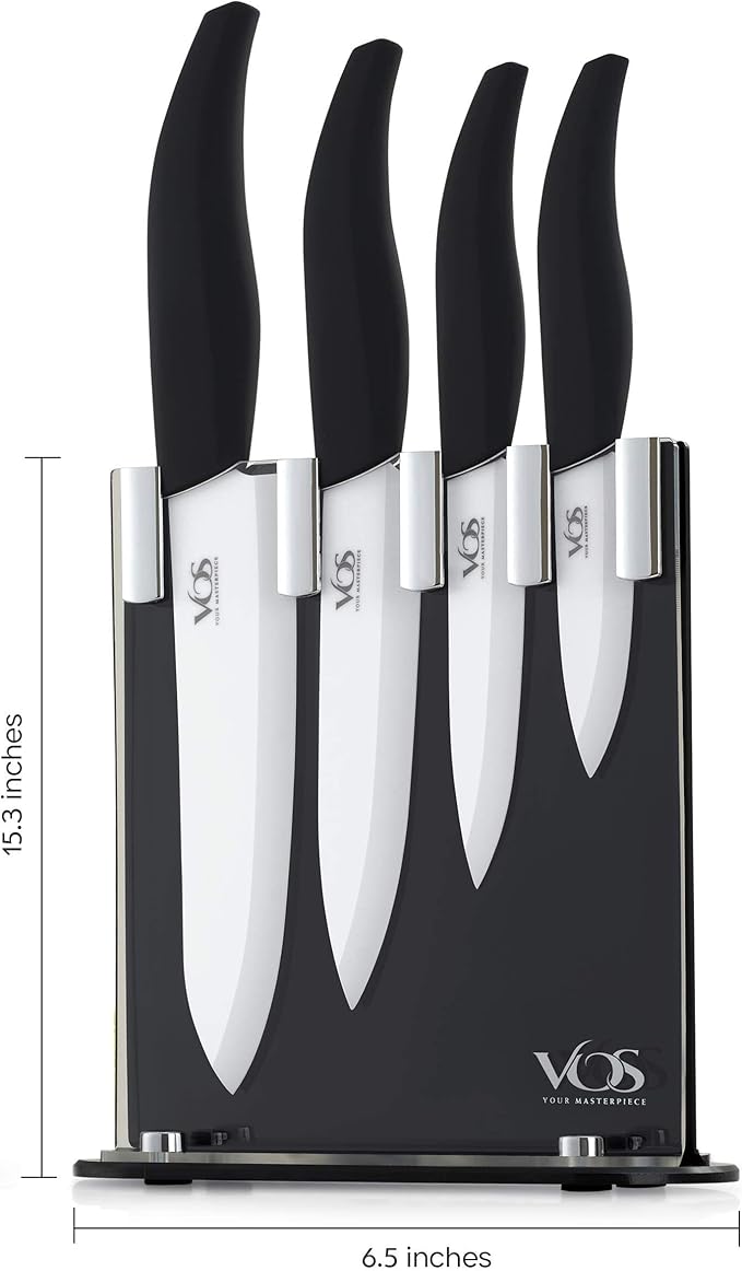 Vos Ceramic Knife Set with Block, Ceramic Knives Set For Kitchen, Ultra Sharp Kitchen Knife Set with Covers, 3" 4" 5" 6" Chef Knife, Utility, Paring & Versatile, Lightweight, Dishwasher safe (Black)