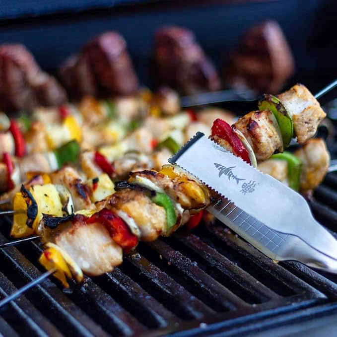 Shark BBQ Steak Grilling Tongs - 17 inch Red. Professional outdoor grilling utensil. Long Reach Barbeque Grilling Tongs. Ideal for kabobs, fish, burgers, and sausage