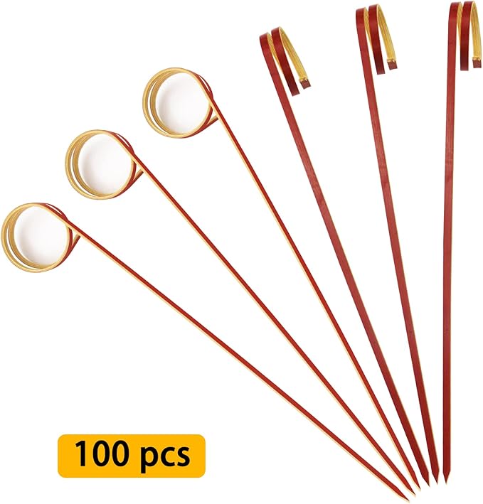 BLUE TOP Bamboo Cocktail Picks 100 PCS Red Bamboo Skewers 4 Inch with Looped Ring,Food Picks,Party Toothpicks for Appetizers,Cocktail Drinks,Barbecue Snacks,Club Sandwiches.