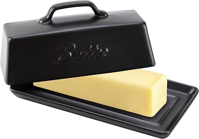 Bruntmor Ceramic Butter Dishes With Lid. Butter Holder/ Tray/ Storage With Lid And Handle. Porcelain Butter Keeper For Countertop. Butter Dish With Cover In Black Color.