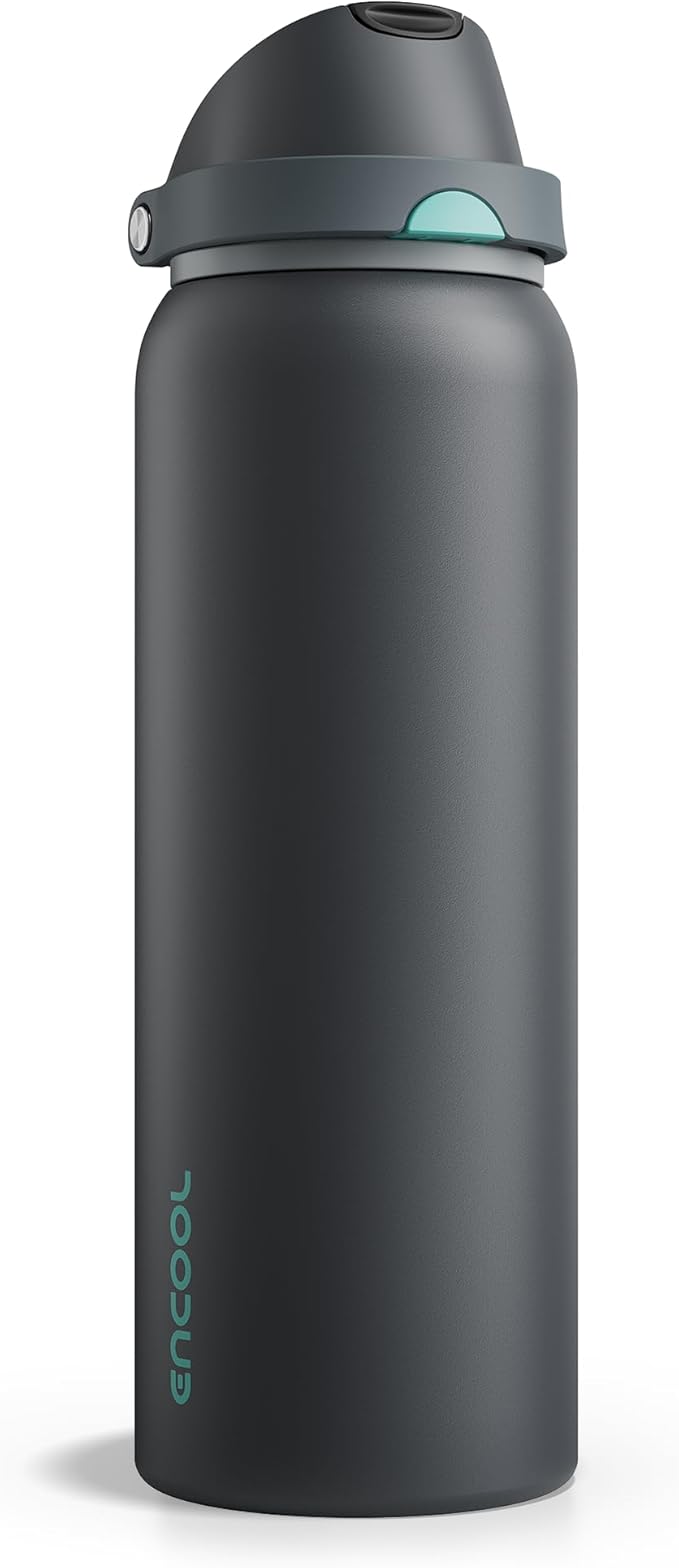 Insulated Water Bottle with Straw - Encool Stainless Steel Water Bottle with Push Button Lid, Leak-Proof & BPA-Free, Keeps Cold for 24 Hours for Sports, Travel, Gym (40 oz, Tuna Grey-Green)