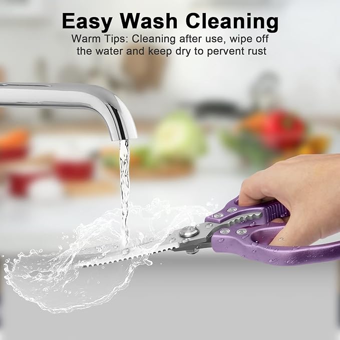 CGBE Kitchen Scissors All Purpose Heavy Duty, Ultra Sharp Stainless Steel Kitchen Shears Dishwasher Safe, Cooking Shears for Chicken, Poultry, Fish, Meat, Herbs & Grapes with Non-Slip Grips - Purple