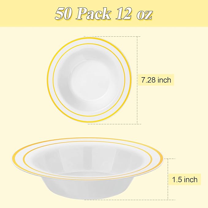 50 Pack Disposable Soup Bowls with Gold Rim, 12oz Premium Heavy Duty Plastic Dinner Bowls for Party, Wedding and Holiday