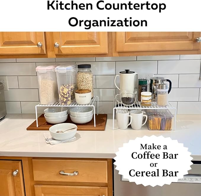 Evelots Kitchen Cabinet Wire Shelf Organizer/Rack - 4 Pack Sturdy Large Metal Shelf Risers - Double Your Counter Space - Great for Kitchen, Freezer, Pantry and Bathroom - Rustproof - White
