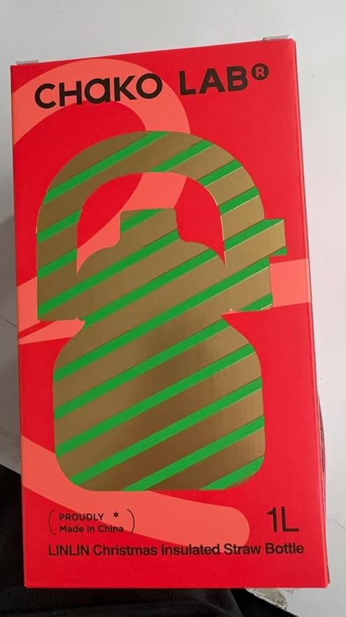 CHAKO LAB Christmas Water Bottle with Straw and Carry Handle | Wide Mouth vacuum insulated stainless steel Bottles | Reusable, leak-proof and BPA-free | 33oz(Green&Red)