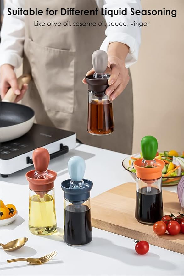 Oil Dispenser with Brush - 2 Pack Olive Oil Dispenser, 2 IN 1 Oil Dispensing Bottle with Basting Brush for Cooking Frying Baking Kitchen, T-OB21 Grey+Red