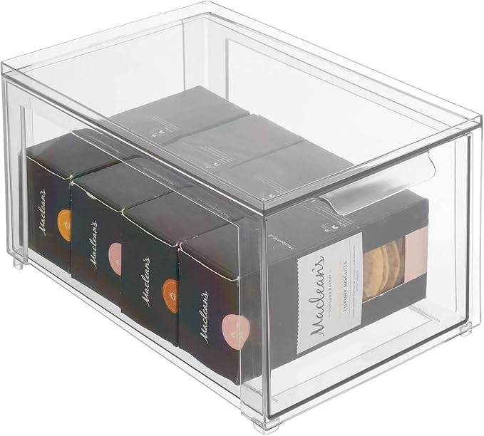 mDesign Plastic Pantry Organization and Storage Bin w/Pull Out Drawer - Stackable Kitchen Supplies Storage Container for Organizing Cabinet, Fridge, Freezer - Lumiere Collection - 4 Pack, Clear