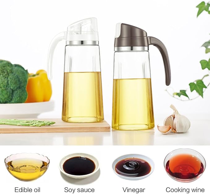 Marbrasse Auto Flip Olive Oil Dispenser Bottle,20 OZ Leakproof Condiment Container With Automatic Cap and Stopper,Non-Drip Spout,Non-Slip Handle for Kitchen Cooking Brown