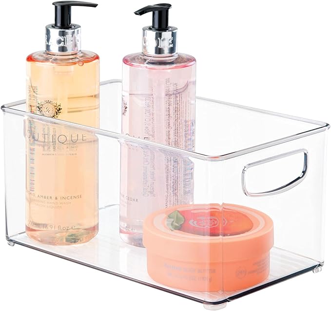 mDesign Plastic Storage Organizer Wide Container Bin with Handles for Bathroom, Home Organization - Holds Vitamins, Supplements, Makeup, Styling Tools - Ligne Collection - Clear