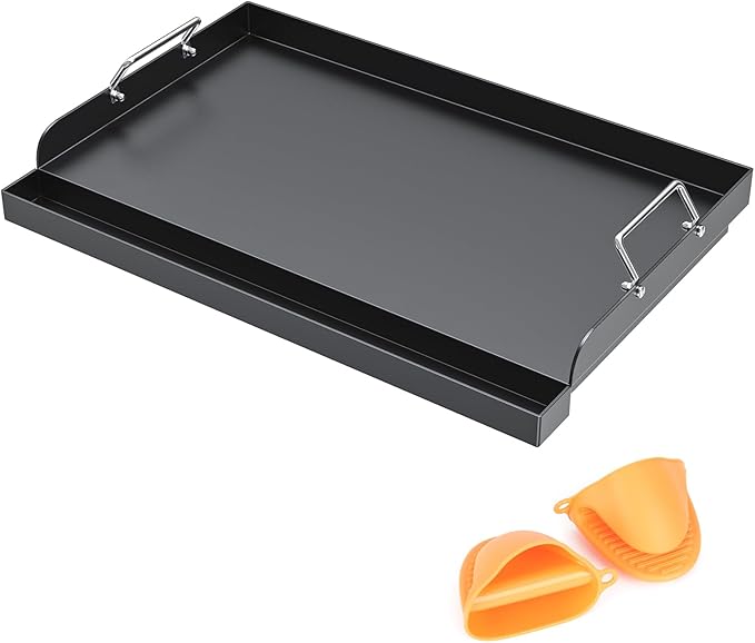Universal Flat Top Griddle for Gas/Charcoal/Electric Grill, 25" x 16.5" Nonstick FlatTop Carbon Cooking Pan for Weber, Nexgrill, Charbroil, Camp Chef Grill Plate Teppanyaki Insert with Silicone Gloves
