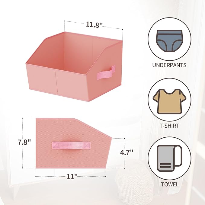 Storage Bins for Shelves - Small Trapezoid Closet Shelf Organizer, Fabric Organization Bins with Handles, Storage Baskets for Clothes, Towel, Purse, 6 Pack, Pink