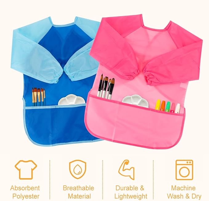 CUBACO Kids Painting Apron, 2pcs Waterproof Art Smocks For Child 3-8 Years, Kids Smocks for Painting Aprons with Long Sleeve