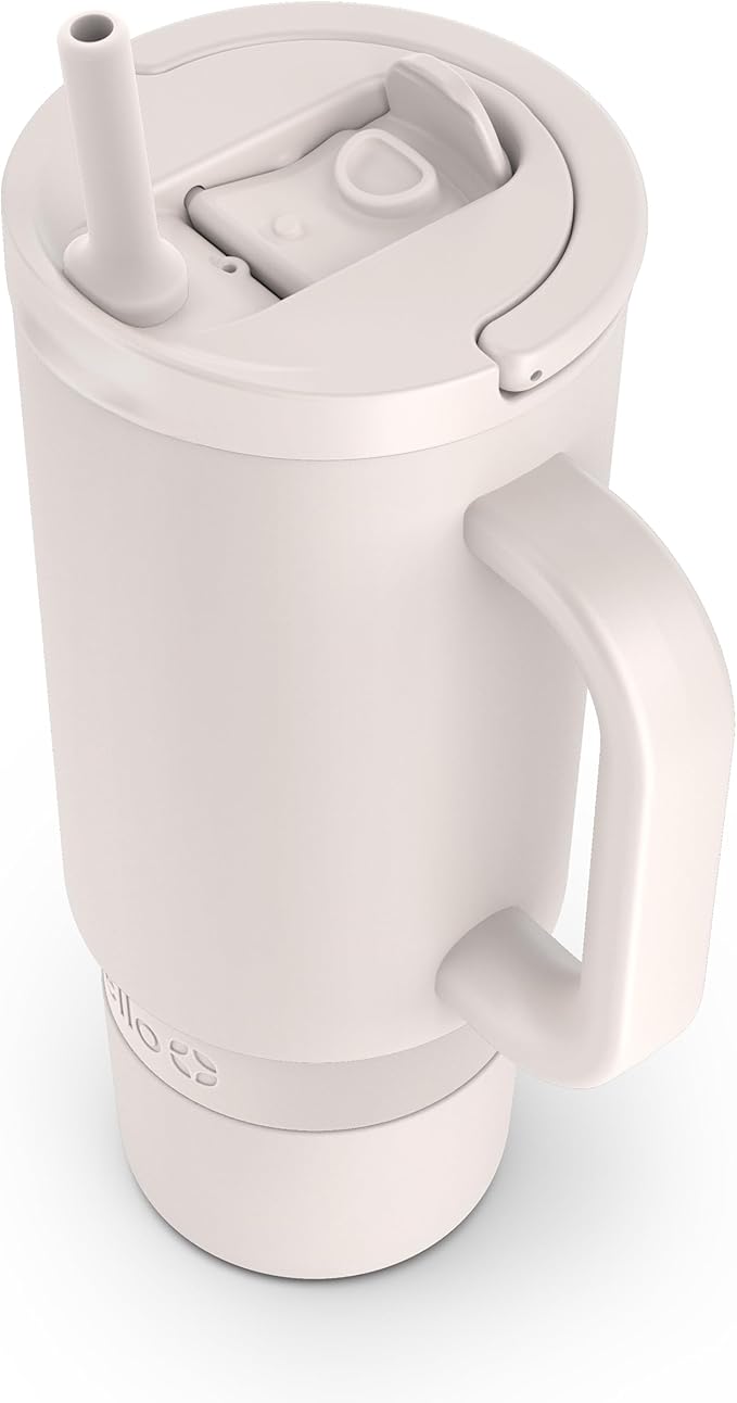 Ello Port 30oz Tumbler with Carry Loop & Integrated Handle | Vacuum Insulated Stainless Steel Reusable Water Bottle Travel Mug | Leak Proof Lid | Flexible Straw | BPA-Free | Dishwasher Safe | Cream