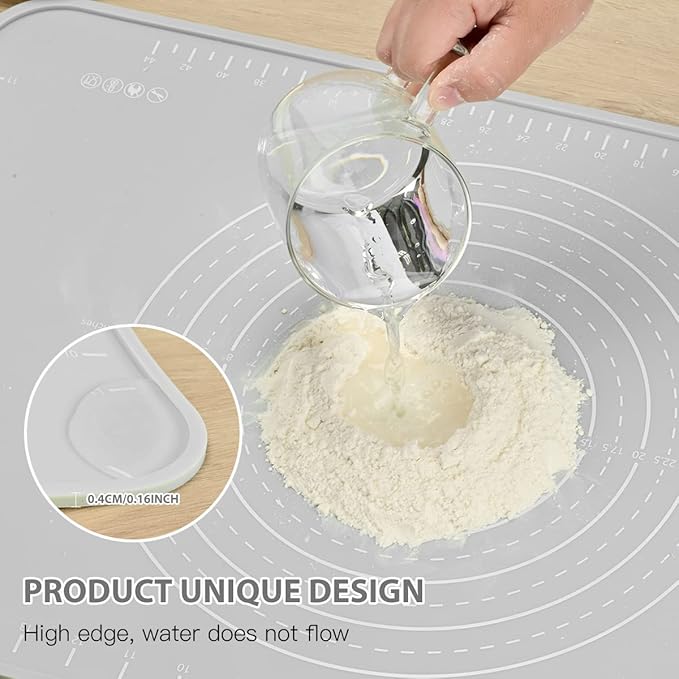 Silicone Pastry Mat 20"*16" Extra Thick Non Stick Baking Mat Food Grade Silicone Dough Rolling Bake Mat with Edge Heightening Light Grey