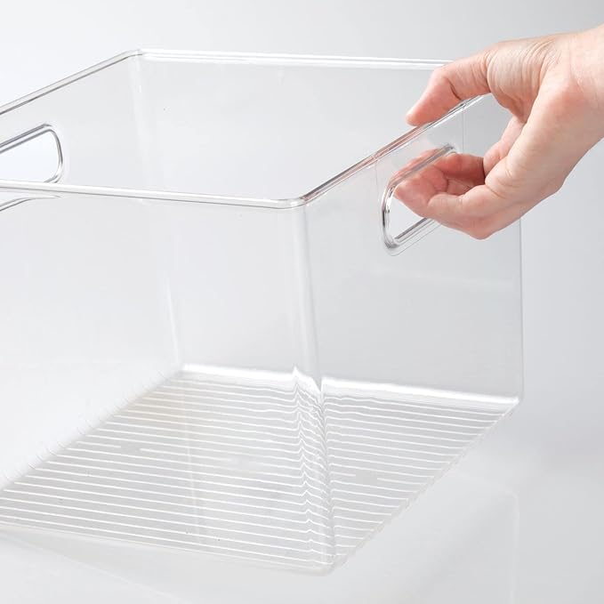 mDesign Small Modern Plastic Storage Organizer Bin Basket with Handles for Home Closet Organization - Shelf, Cubby, Cabinet, and Cupboard Organizing Decor - Ligne Collection - Clear