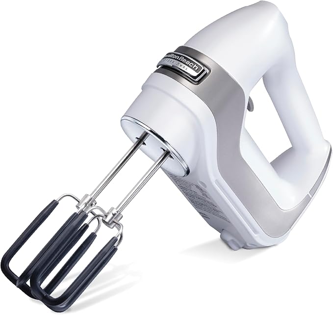 Hamilton Beach Professional 7-Speed Digital Electric Hand Mixer with High-Performance DC Motor, Slow Start, Snap-On Storage Case, SoftScrape Beaters, Whisk, Dough Hooks, White (62656)