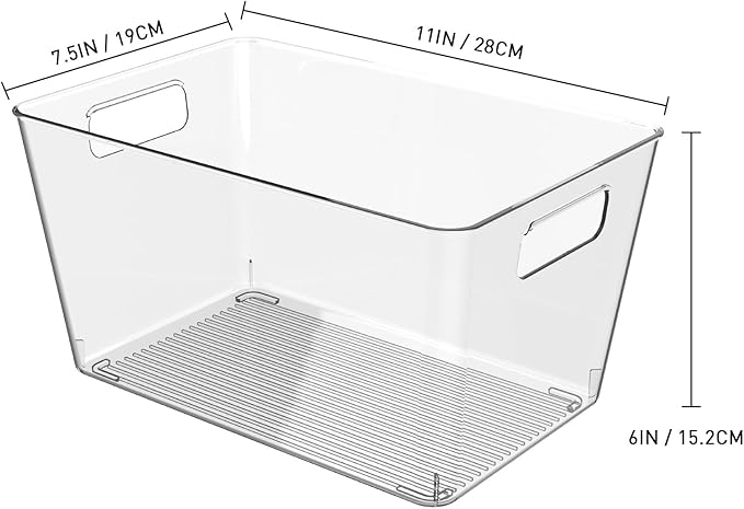 4 Pack Clear Plastic Storage Bins, 11" Large Pantry Organizer Bins with Handles, Plastic Containers for Refrigerator,BPA-Free Perfect for Kitchen,Fridge,Cabinet,Pantry,Bathroom,Closet Organization