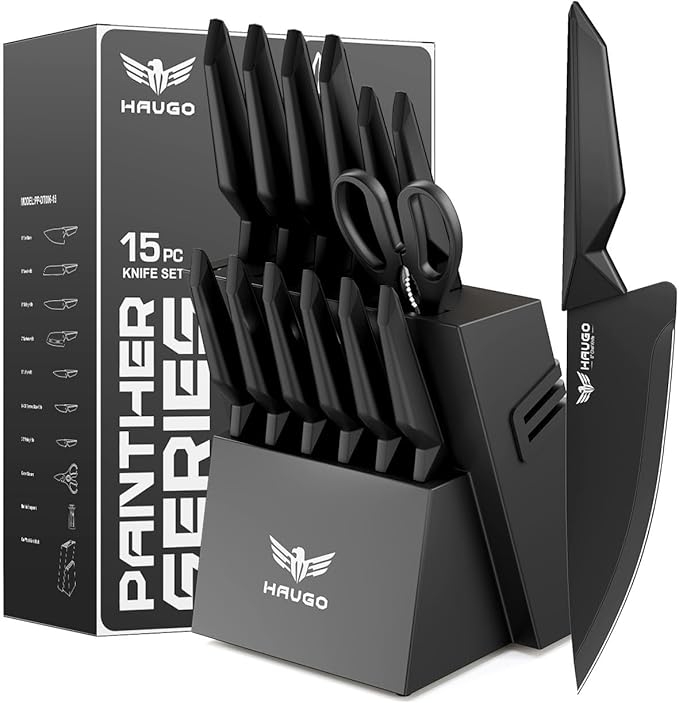 Knife Set - Haugo 15 PCS Kitchen Knife Set with Built in Sharpener - Dishwasher Safe Kitchen Knives - High Carbon Stainless Steel Knife Block Set with Ergonomic Handles - Panther Series
