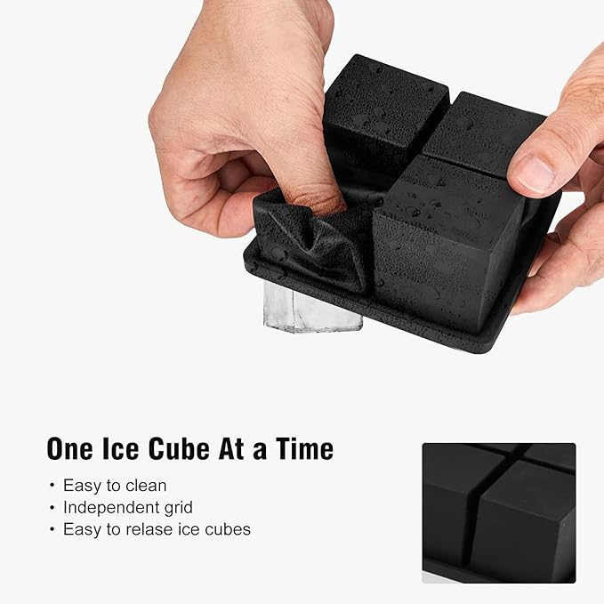 Samuelworld Large Ice Cube Tray: 2025 Upgraded 4 Grid Silicone Square Ice Cube Mold For Small Refrigerator, 2 Inch Large Cubed Ice Trays for Cocktail, Big Cube Ice Maker Mold (2 Pack, Black)