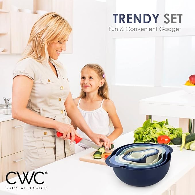 COOK WITH COLOR Nesting Bowls with Measuring Cups Colander and Sifter Set - Includes Mixing Bowls, Colander, Sifter and Measuring Cups, Blue Ombre, 8 Pc Bowl