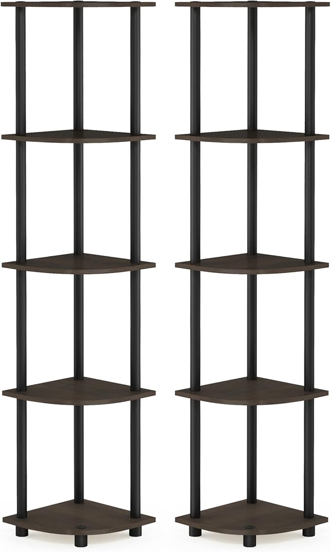 Furinno TURN-N-TUBE Corner Shelf Set of 2, 5-Tier Corner Bookshelf, Open Storage Shelves, for Organization and Storage, Living Room, Home Office, Garage, Dark Brown Grain