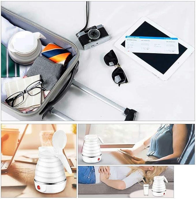 UpdateClassic Small Travel Foldable Electric Kettle, 0.6L Portable Collapsible Hot Water Boiler For Coffee Tea (White)