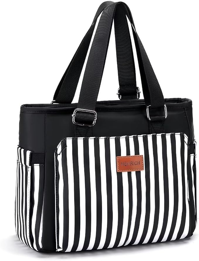 Large Women Lunch Bags for Work/Insulated Adult Lunch Box for Women. Reusable Lunch Cooler Purse for Work Picnic Hiking 14L, Black Stripes