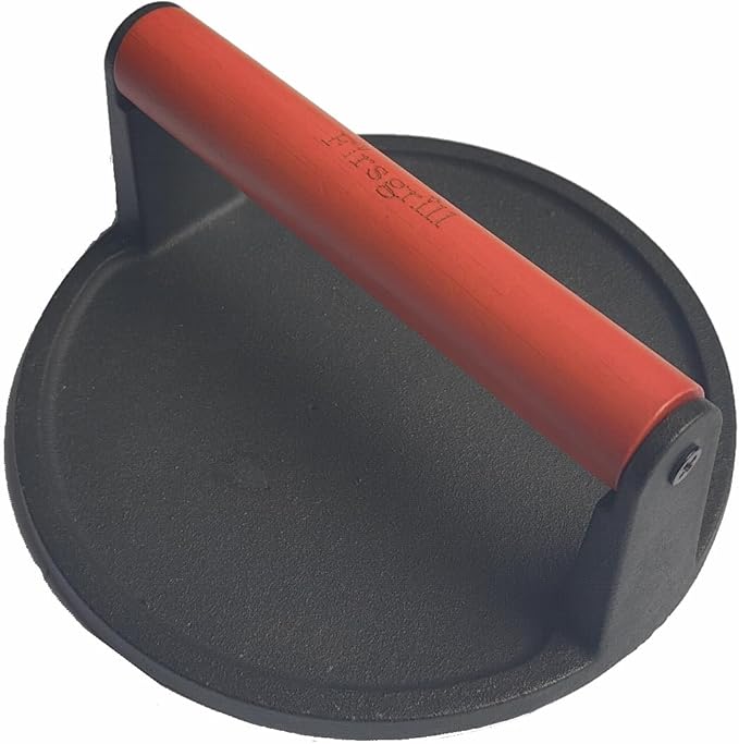 Firsgrill Burger Press 6.6" Round Heavy-Duty Cast Iron Smash Meat Steak with Wood Handle for Blackstone Weber Treager Griddle Grills (YPX) (6.5" Round)