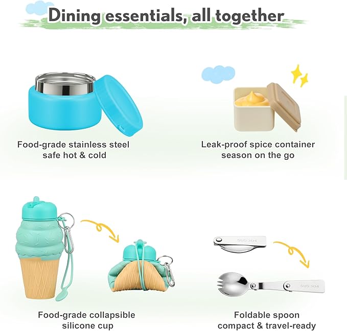 Lunch Box Kids with 5 Compartments, Insulated Food Jar & Utensil & Sauce Container & Lunch Bag & Silicone Collapsible Cup, Leak Proof Bento Box, BPA-Free & Dishwasher Safe-Blue