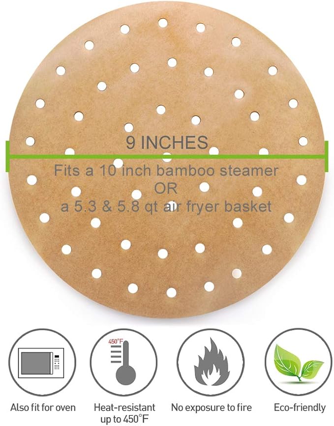 100pcs Unbleached Air Fryer Liners, 9inch Bamboo Steamer Liners, Vancens Premium Perforated Parchment Steaming Paper Rounds, Non-stick Steamer Mat, Perfect for 5.3 & 5.8 QT Air Fryers/Baking/Cooking