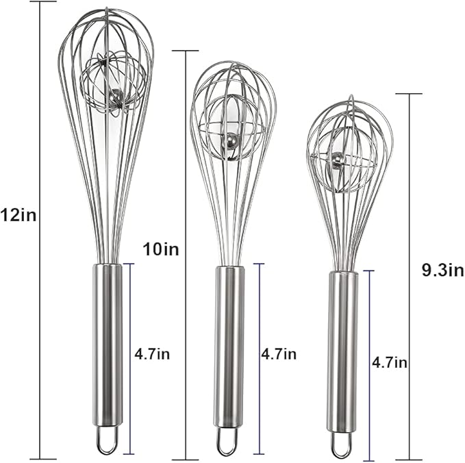 3 Pack 9, 10, 12 inch Balloon Whisk Double Balloon Wire Whisk Blending Whisking Beating Stirring Egg Beater Stainless Steel(with inside Ball)