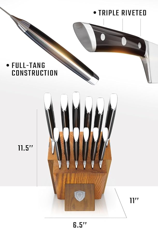 DALSTRONG 12-Piece Knife Block Set - Gladiator Series Elite - Black Handles - German HC Steel - Hand-Made Manchurian Ash Wood Block - NSF Certified