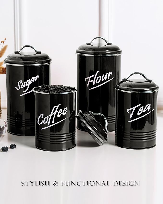 Hillbond Canisters Sets for The Kitchen Countertop with Airtight Lids Tea Coffee Sugar and Flour Containers Farmhouse Black Canisters for Kitchen Counter Set of 4