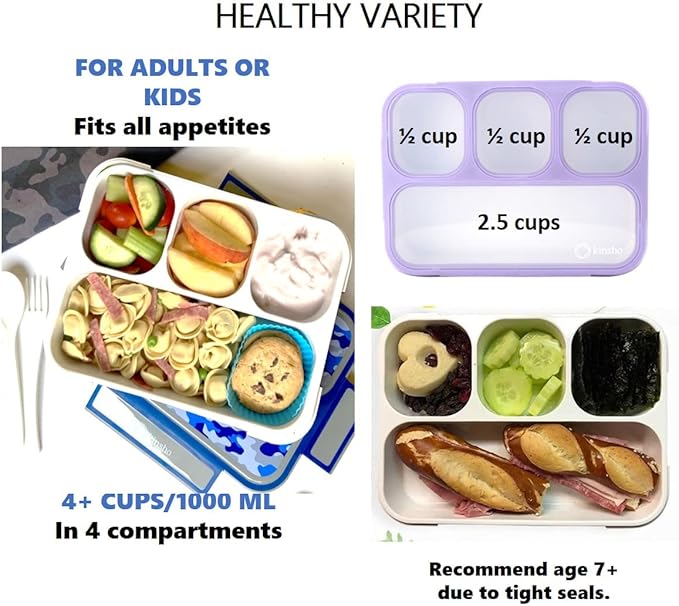 kinsho Bento-Box Lunch-Box Kids, Meal Boxes and Snack Containers for Boys & Girls for School, Includes Utensils, BPA Free (Purple Rainbow Unicorn + Blue Black Camo, 2 Pack Set)