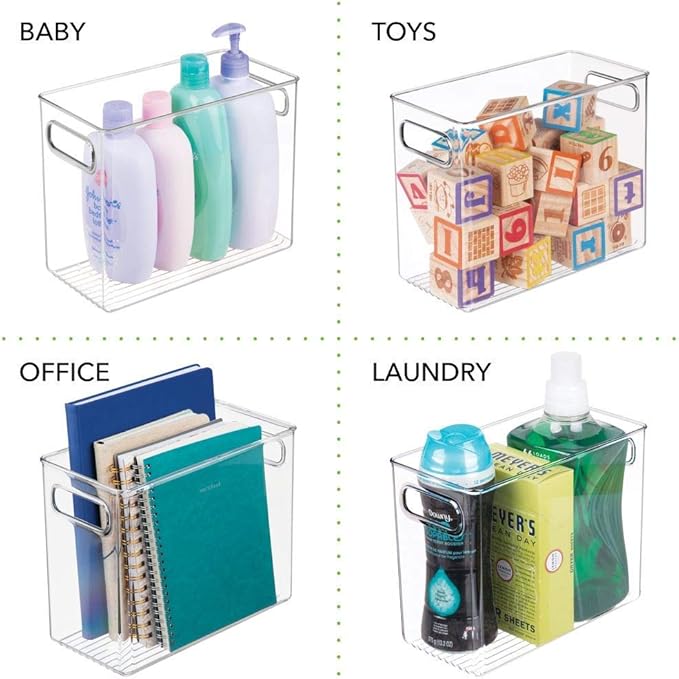 mDesign Slim Plastic Storage Container Bin with Handles - Bathroom Cabinet Organizer for Toiletries, Makeup, Shampoo, Conditioner, Face Scrubbers, Loofahs, Bath Salts - 5" Wide, 2 Pack - Clear