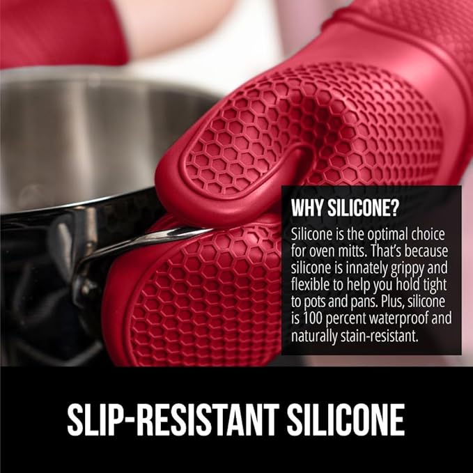 GORILLA GRIP BPA-Free Soft Silicone Oven Mitts, 14.5x8.3, Heat Resistant and Waterproof Cooking Gloves, Thick Cotton Lining, Flexible Gripping Kitchen Potholders Set of 2, Christmas Kitchen Decor, Red