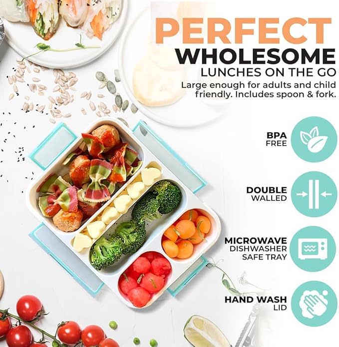 Kinsho Bento Box for Adults and Kids, Leakproof Lunch-Boxes with Custom Fit Spoon and Fork, Portion Control Container, BPA Free, Green + Orange, 5 Compartments, 2 Pack