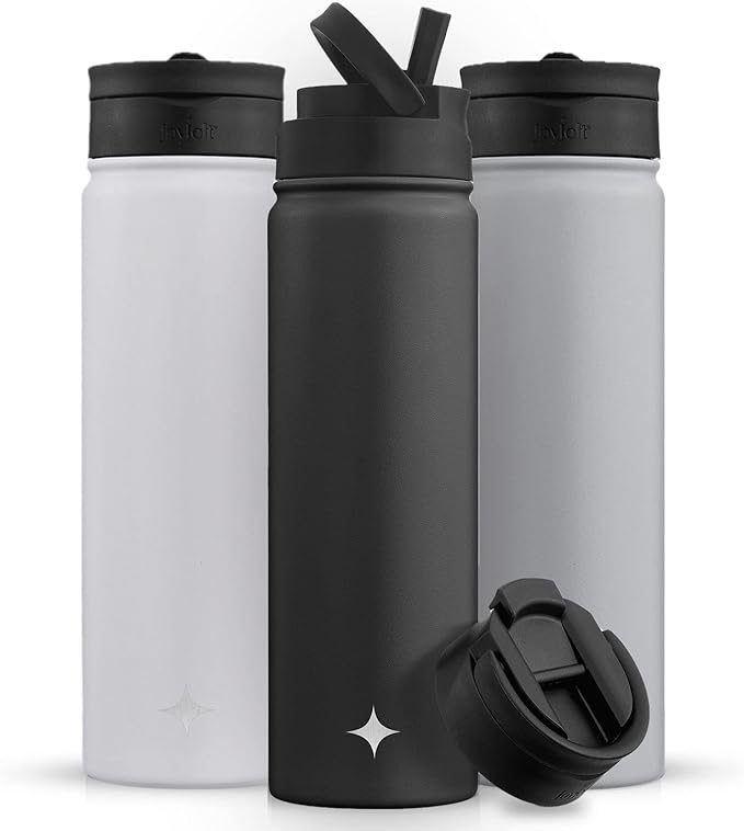 JoyJolt Triple Insulated Water Bottle with Straw Lid AND Flip Lid! 22oz Water Bottle, 12 Hour Hot/Cold Vacuum Insulated Stainless Steel Water Bottle. BPA-Free Leakproof Water Bottles - Thermos Bottle