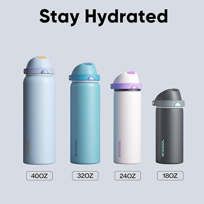 Insulated Water Bottle with Straw - Encool Stainless Steel Water Bottle with Push Button Lid, Leak-Proof & BPA-Free, Keeps Cold for 24 Hours for Sports, Travel, Gym (24 oz, Kangaroo Grey)