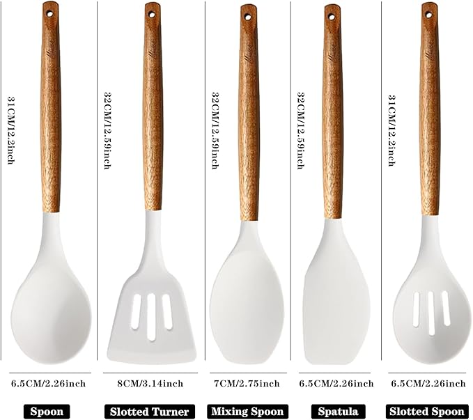 Kitchen Utensils Set, Silicone Cooking Utensils Set,Non-Stick Silicone Spatula Set with Natural Acacia Hard Wood Handle, 5 Piece, Upgraded Thickened Cookware