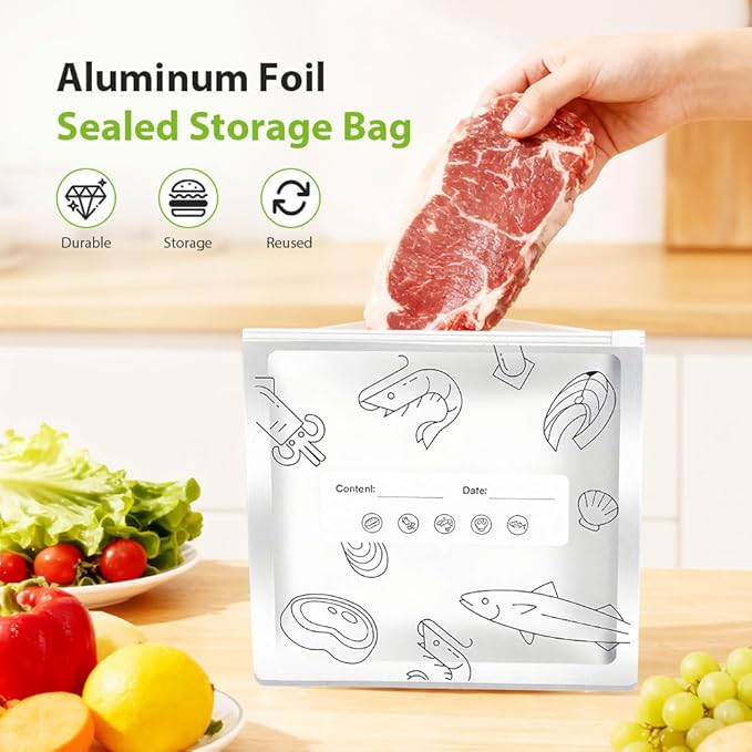 Reusable Aluminum Foil Sealable Storage Bags, 2026 New Resealable Vacuum Zipper Pouches, Stand Up Foil Sealable Bags with Label and Zip Lock for Kitchen (10, Large)