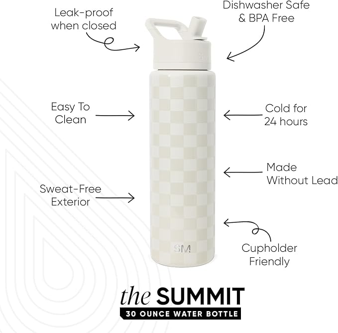Simple Modern Water Bottle with Straw Lid | Vacuum Insulated Stainless Steel Metal Thermos | Reusable Leak Proof BPA-Free Flask for Sports Gym | Summit Collection | 30oz, Cream Checkmate