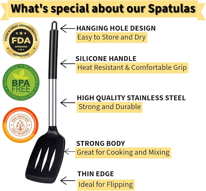 Pack of 4 Silicone Cooking Utensils Set, Non Stick, Heat Resistent Large Solid Spatulas, Slotted Spoons, BPA Free, Kitchen Turners for Frying, Mixing,Serving,Draining,Turning,Stirring