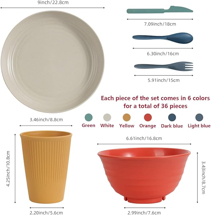 Wheat Straw Dinnerware Sets 36 Piece Unbreakable Dinnerware Sets, Reusable Wheat Straw Plates and Bowls Sets, Travel Camping Cutlery Set, Dishwasher Microwave Safe Dinnerware Colourful