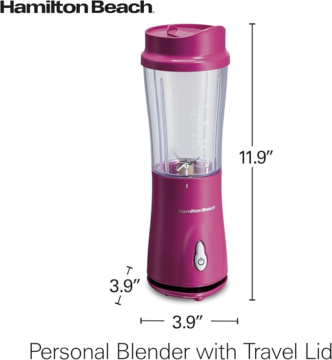 Hamilton Beach Portable Blender for Shakes and Smoothies, 14 Oz BPA Free Travel Cup & Lid, Durable Stainless Steel Blades, Personal Smoothie Blender, Raspberry, 51131G