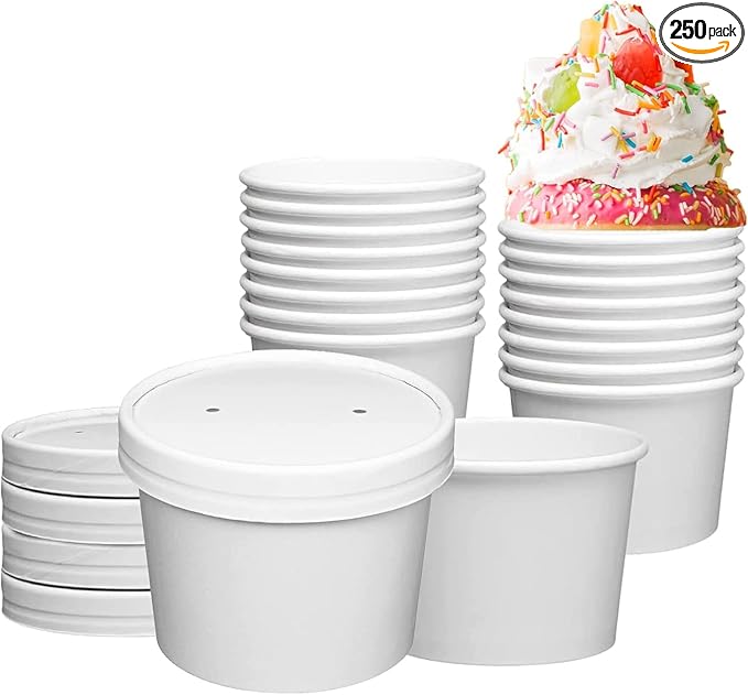 [250 Sets White Paper Food Containers With Vented Lids, To Go Hot Soup Bowls, Disposable Ice Cream Cups (12oz)