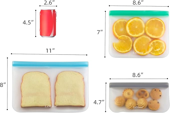 12 Pack Reusable Food Storage Bags - BPA-Free, Leakproof Food Bags - Includes 4 Gallon, 4 Sandwich, and 4 Snack Bags - Ideal Solution for Safe and Convenient Freezer Storage.