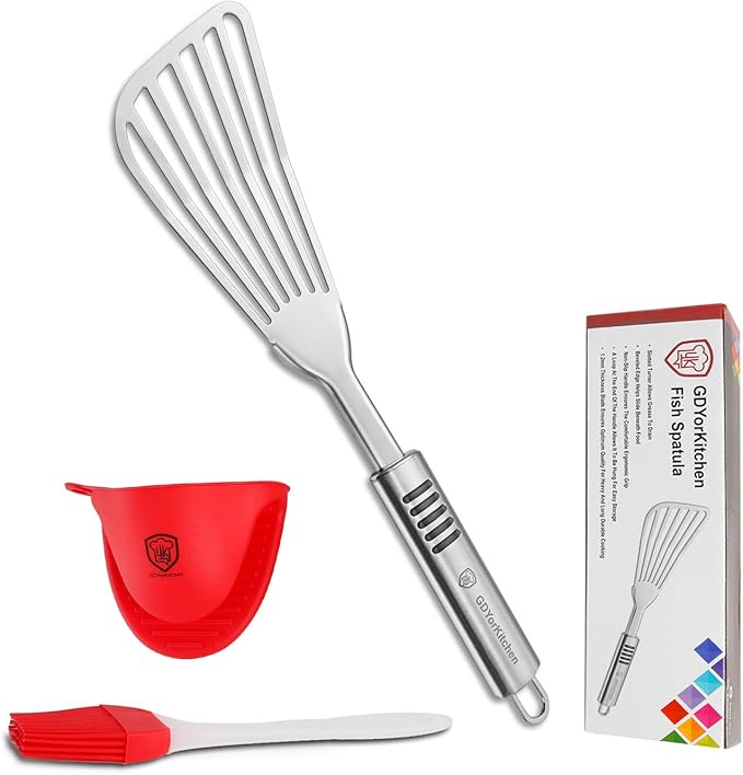 Stainless Steel Fish Spatula with 1.2mm Thick Blade - Multipurpose Turner for Fish, Eggs, Meat, and Dumplings - Perfect for Grilling, Frying, and More - Bonus Silicone Brush and Oven Mitt - Set of 1
