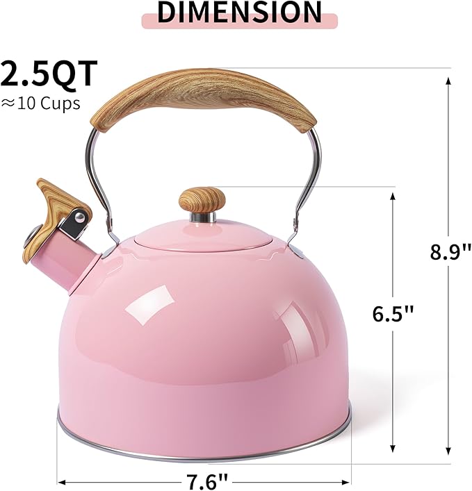 LONFFERY Tea Kettle, 2.5 Quart Whistling Tea Kettle, Tea Pots for Stove Top Food Grade Stainless Steel with Wood Pattern Folding Handle - Pink