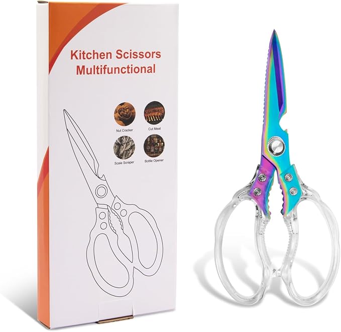 CGBE Kitchen Scissors, Multi-Purpose Kitchen Shears, Heavy Duty Dishwasher Safe Food Scissors for Chicken, Poultry, Fish, Meat & Herbs with Non-Slip Grips (Transparent Colorful)